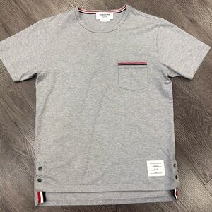 Thom Browne Cotton Crew Neck T Shirt, Gray With Striped Accents, Men’s Small